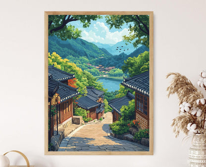 Affiche Village Hahoe d'Andong – Illustration vectorielle, déco coréenne
