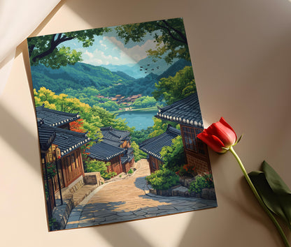 Affiche Village Hahoe d'Andong – Illustration vectorielle, déco coréenne