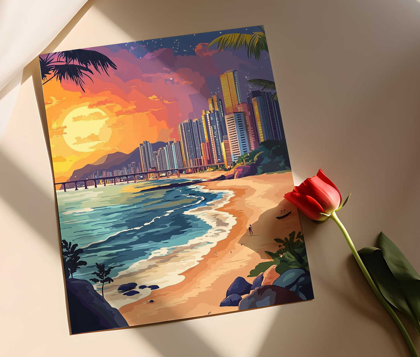 Affiche Busan – Illustration vectorielle plate, décor urbain côtier