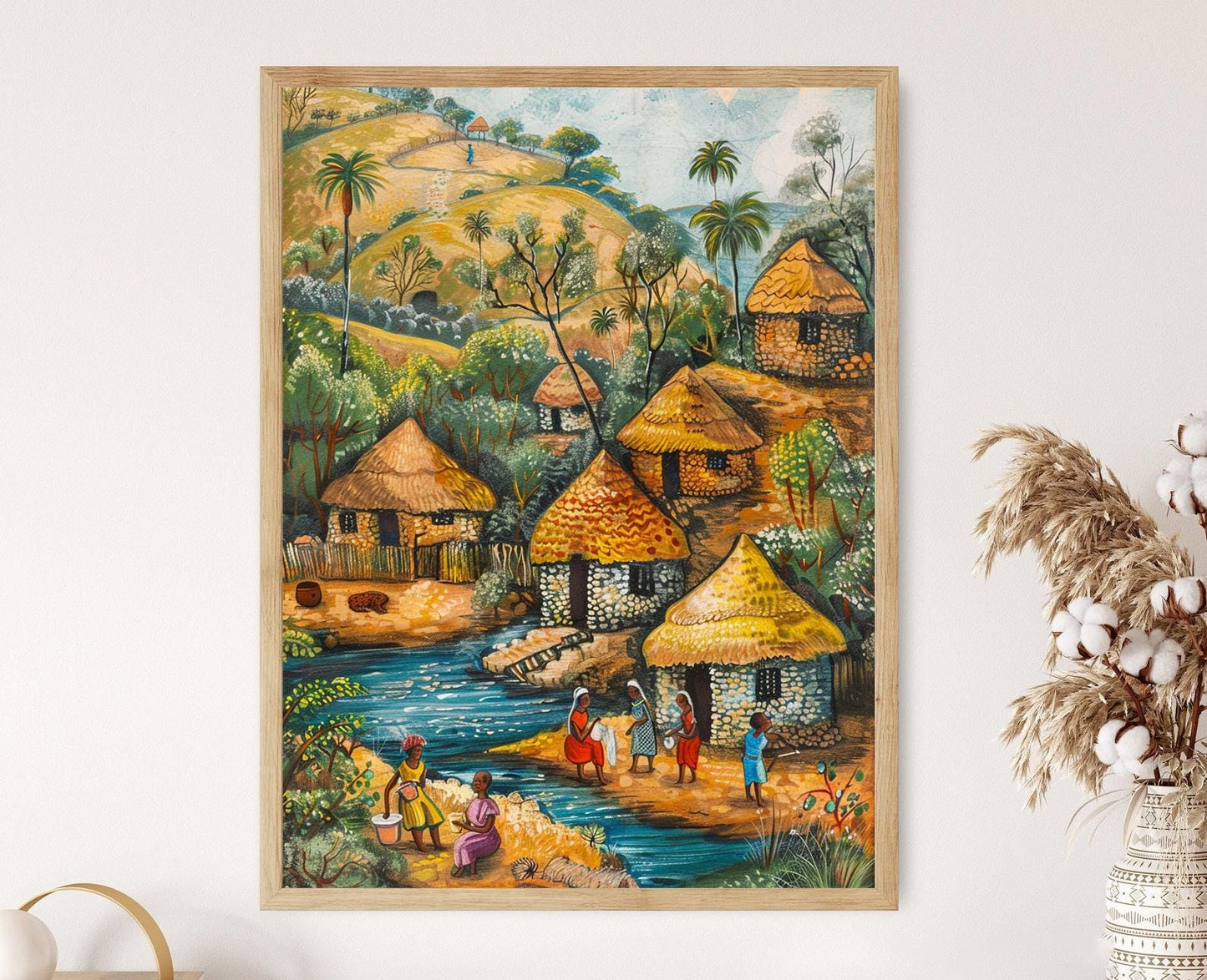 Affiche Journée de Laver – Poster Art Africain Détail Village Nigerien