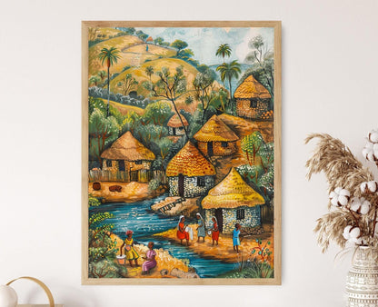 Affiche Journée de Laver – Poster Art Africain Détail Village Nigerien