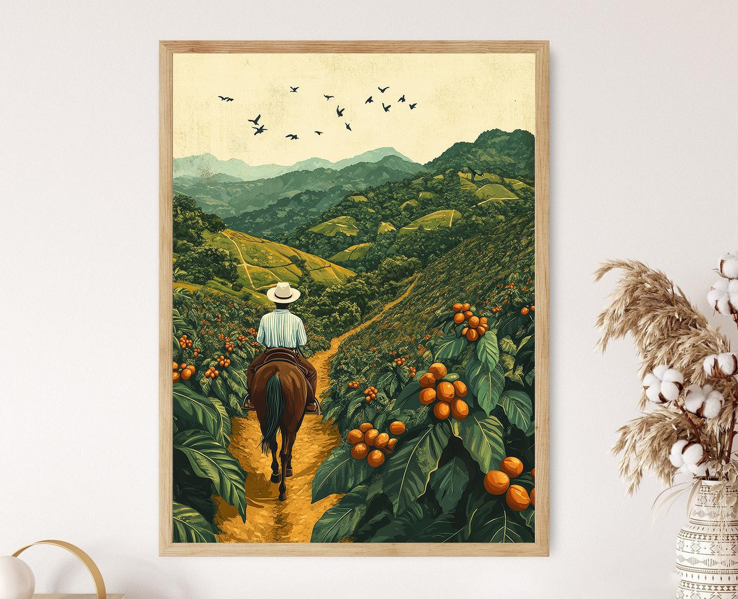 Affiche Ferme Costaricaine – Illustration d'Agriculteur à Cheval