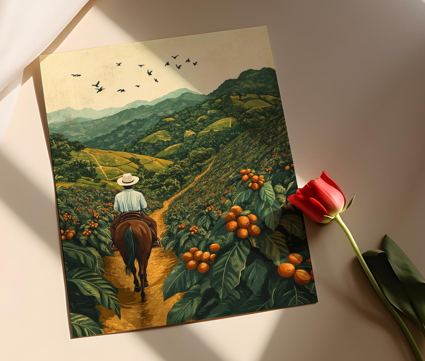 Affiche Ferme Costaricaine – Illustration d'Agriculteur à Cheval