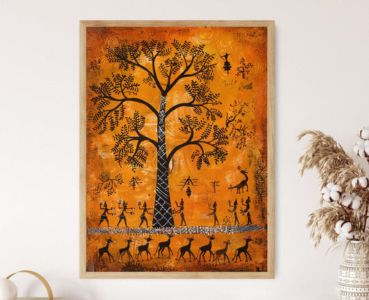 Affiche Warli Authentique - Impression Artisanale pour Décoration Culturelle