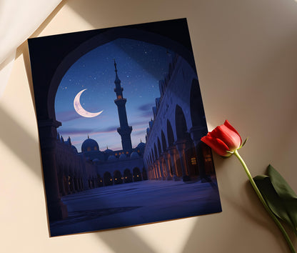 Affiche Cour d'une Mosquée au Clair de Lune – Poster Cadeau de Ramadan