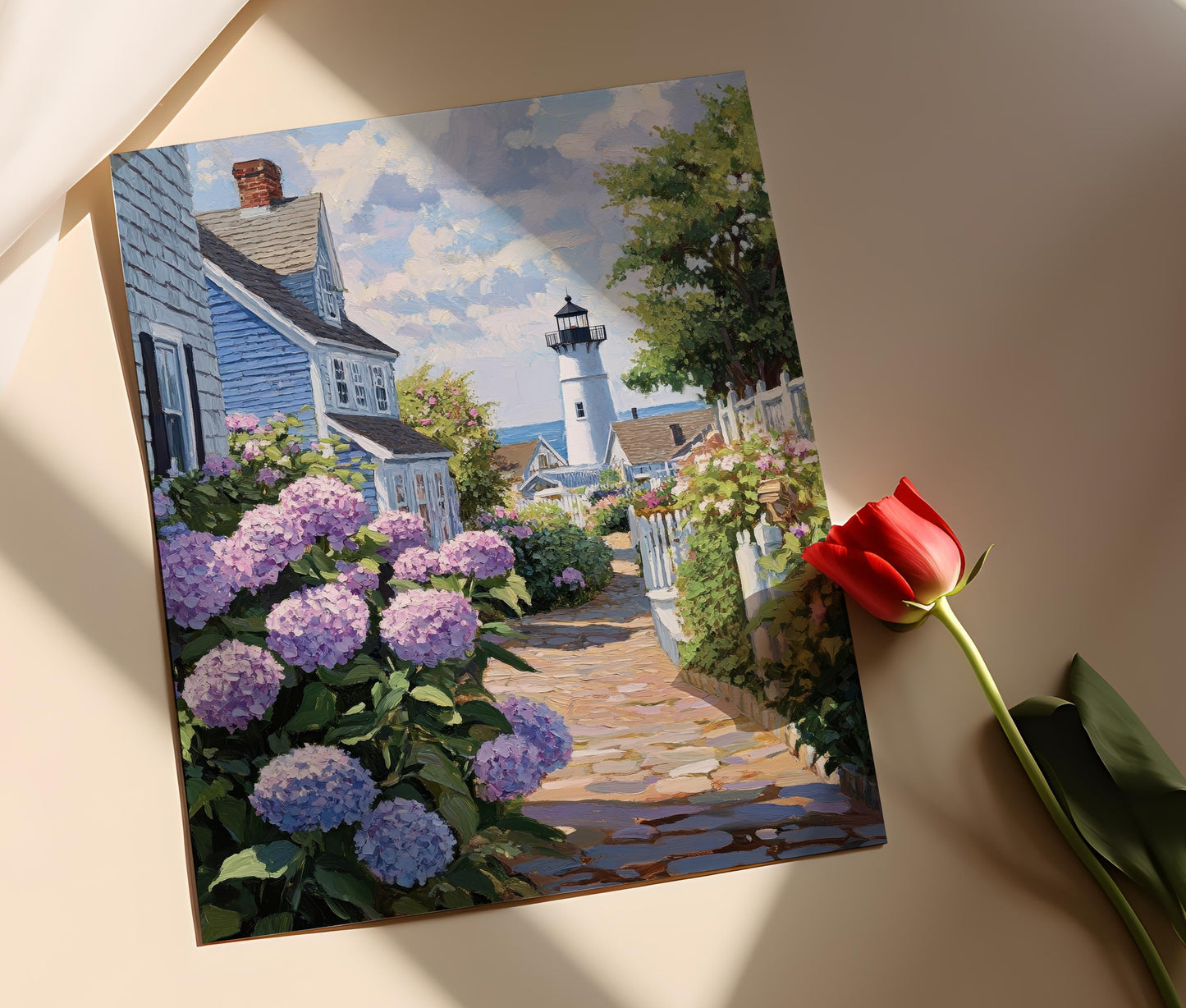 Affiche Nantucket – Impression d'art phare et hortensias