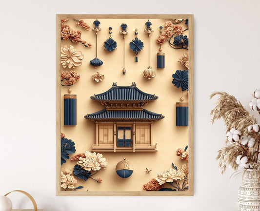 Affiche Dancheong Coréenne – Illustration de Structure en Bois Traditionnelle