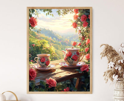 Affiche Set de Thé Bulgare – Poster Décoratif du Jardin de Rose