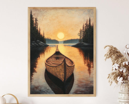 Affiche Canoë en Écorce de Bouleau Ojibwé – Art Amérindien Rustique