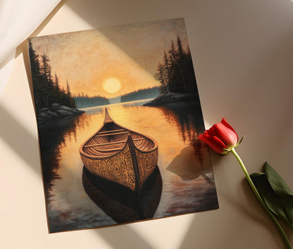 Affiche Canoë en Écorce de Bouleau Ojibwé – Art Amérindien Rustique