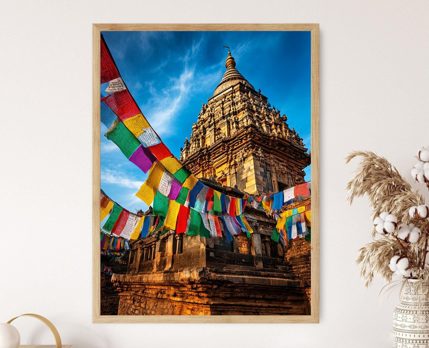 Affiche Swayambhunath – Poster Art Népalais avec Drapeaux de Prière