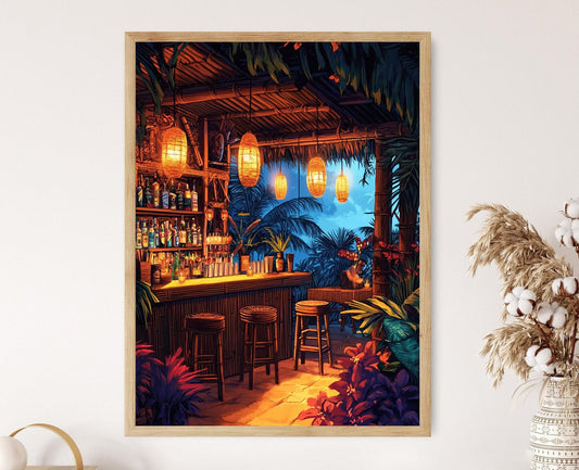 Affiche Tiki Bar Hawaii – Art mural avec meubles en bambou et cocktails tropicaux