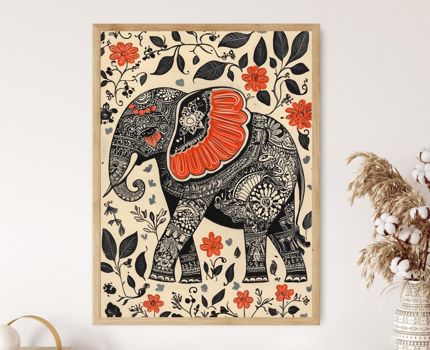 Affiche Éléphant Mithila – Impression d'art florale détaillée
