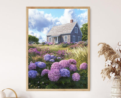 Affiche Jardin Fleuri de Nantucket – Poster Hydrangeas & Cottage Coastal