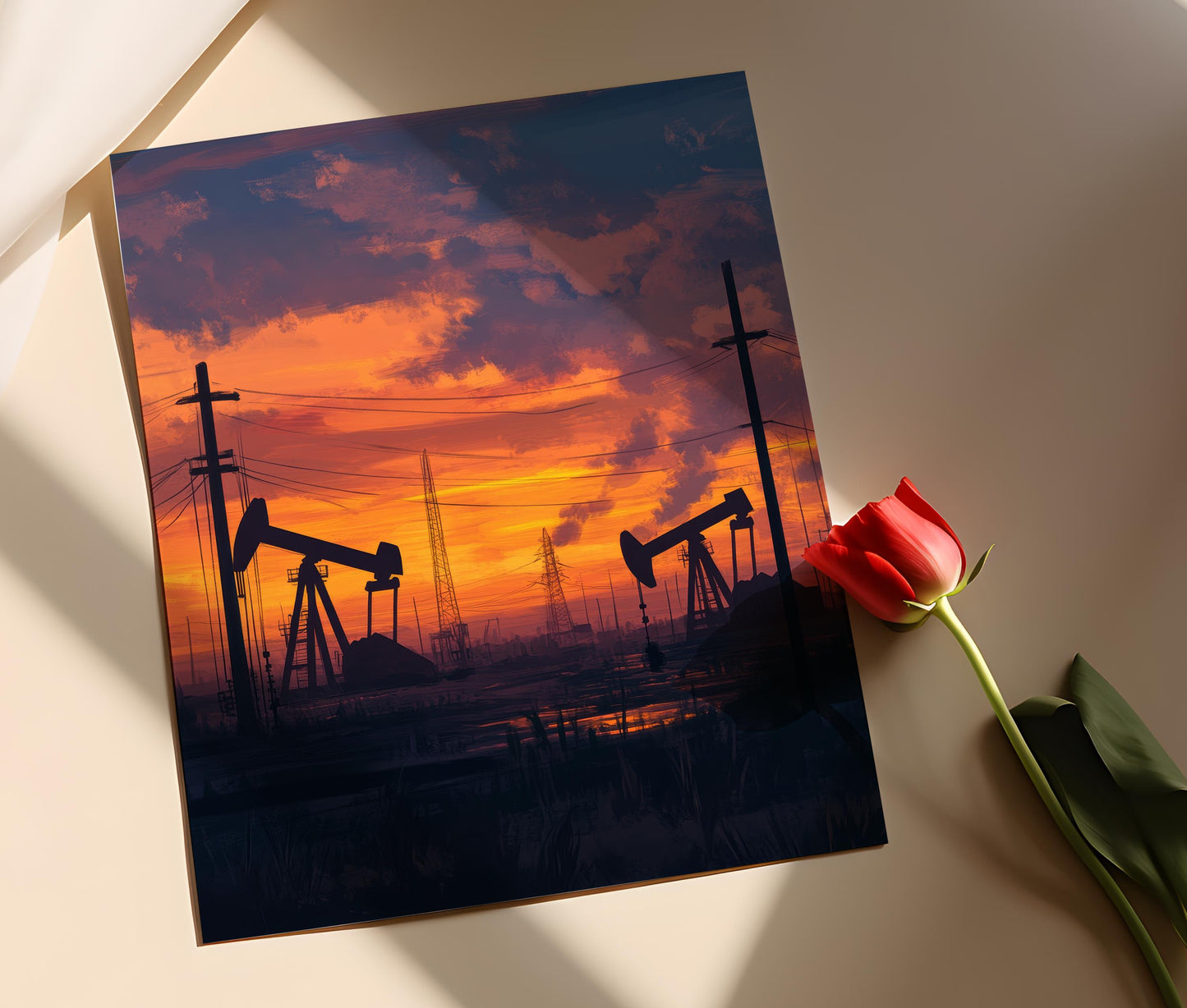 Affiche Texas – Impression artistique de lever de soleil sur champs pétroliers