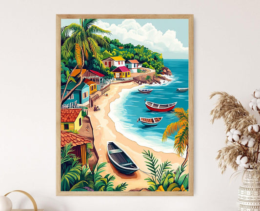 Affiche Village Garífuna – Illustration de la côte du Honduras