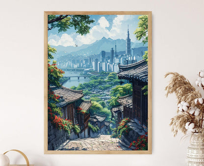 Affiche Nostalgique de Séoul – Peinture Hanoks et Silhouette Moderne