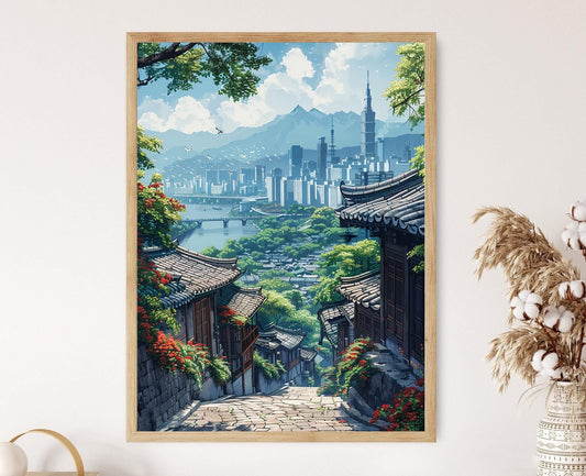 Affiche Nostalgique de Séoul – Peinture Hanoks et Silhouette Moderne