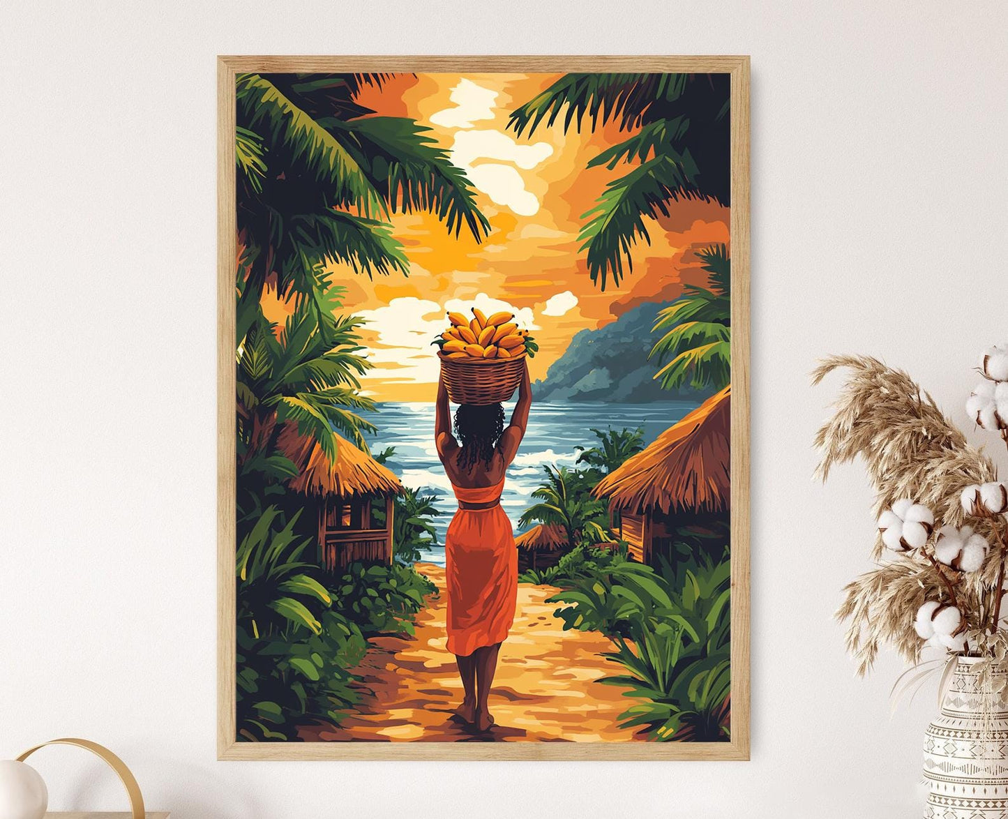 Affiche Kuna Panaméenne – Illustration Femme, Panier de Fruits et Village