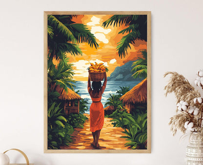 Affiche Kuna Panaméenne – Illustration Femme, Panier de Fruits et Village