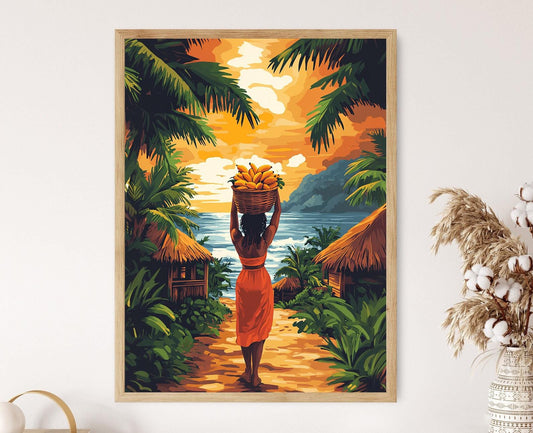 Affiche Kuna Panaméenne – Illustration Femme, Panier de Fruits et Village