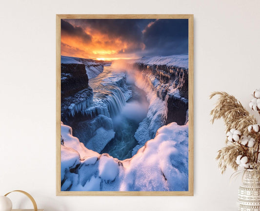 Affiche Gullfoss Islande – Poster Cascade Dorée et Glacée