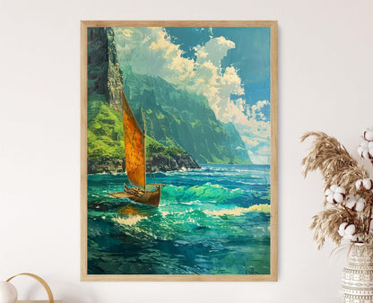 Affiche Canoë Hawaiian traditionnel – Impression artistique côtes Nā Pali