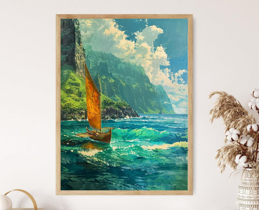 Affiche Canoë Hawaiian traditionnel – Impression artistique côtes Nā Pali