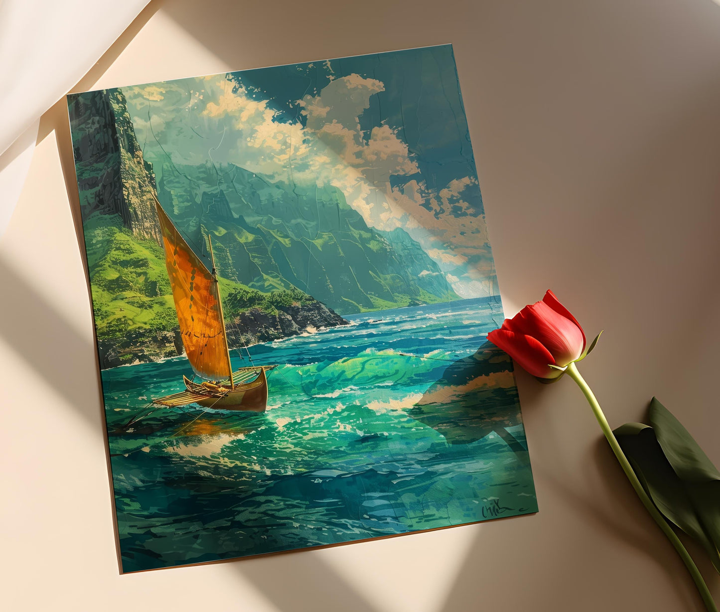 Affiche Canoë Hawaiian traditionnel – Impression artistique côtes Nā Pali