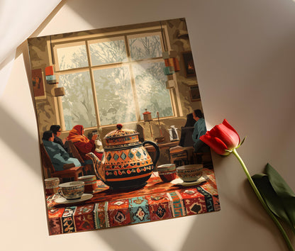 Affiche Cérémonie du Thé Afghan – Poster Kilim & Samovar Élegant