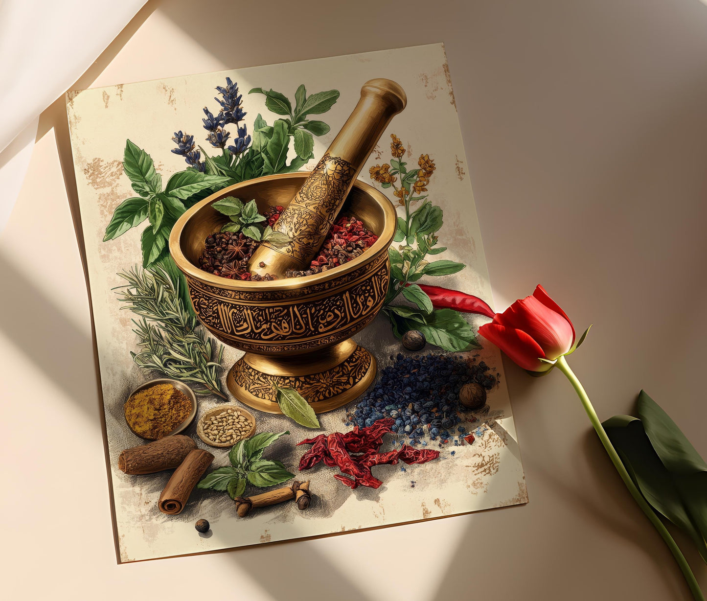 Affiche Mortier et Pilon Persan – Poster Art Calligraphie Cuisine