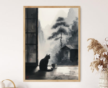 Affiche Chat Zen dans Maison de Thé Japonaise – Peinture à l’Encre Tranquille