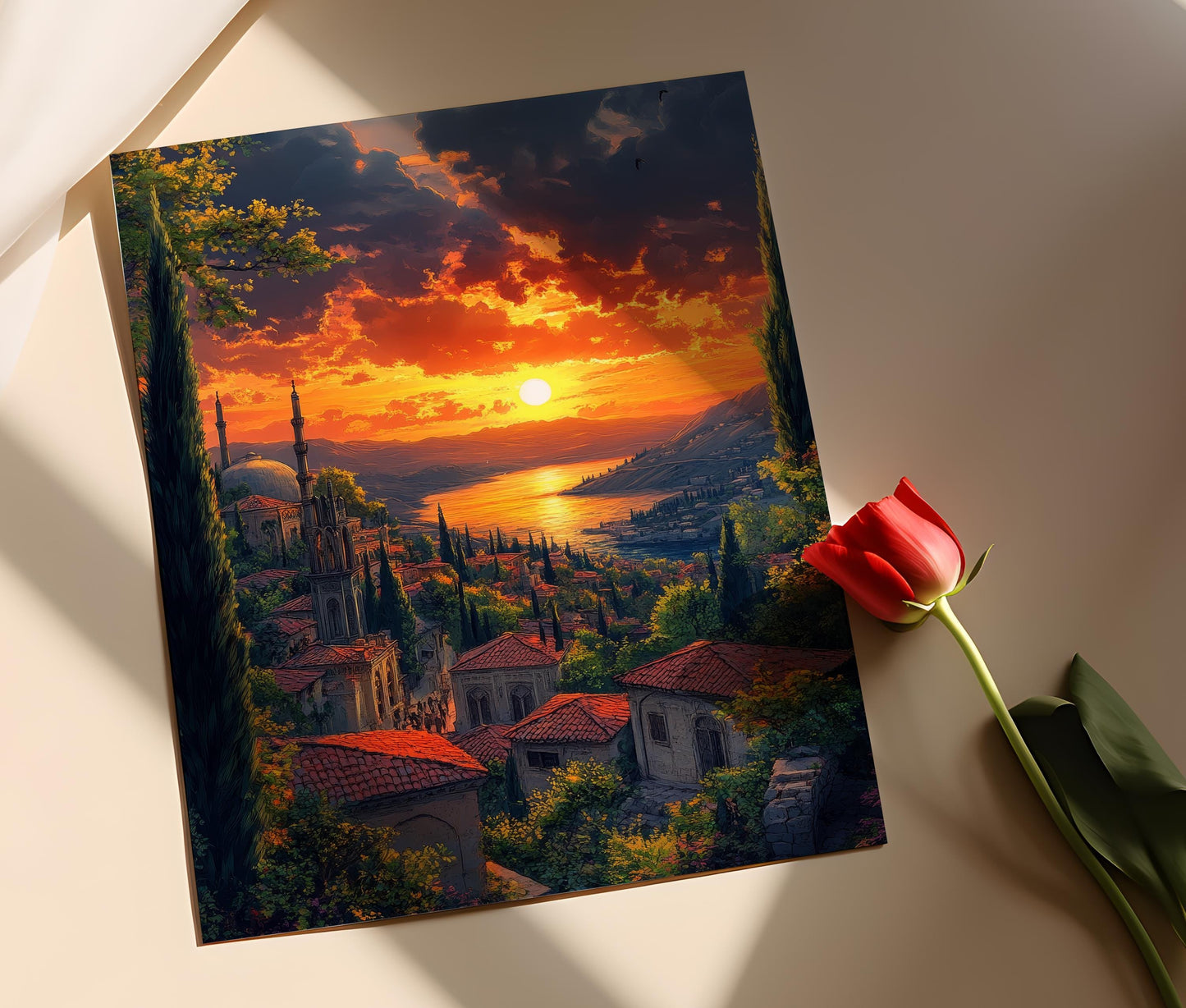 Affiche Toits de Rasht – Impression artistique du paysage iranien vue mer