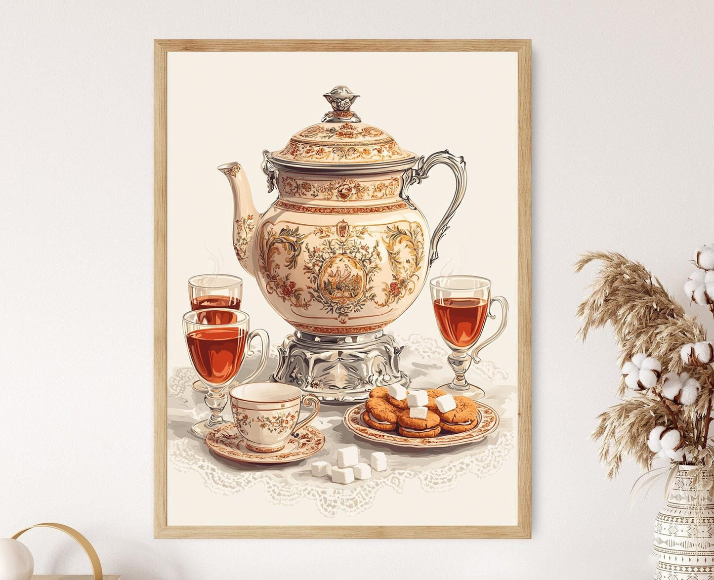 Affiche Samovar Russe – Imprimé Art de Théières et Biscuits Épicés