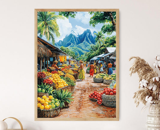 Affiche Marché Fidjien – Poster Scène de Marché avec Fruits Tropicaux