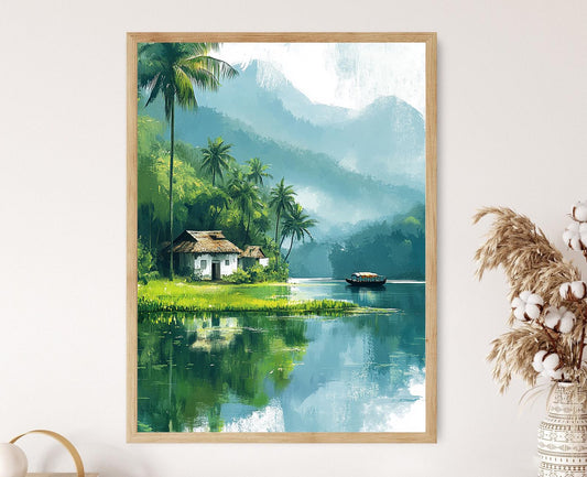 Affiche Kerala – Poster Art du Village, Rivières et Champs de Riz