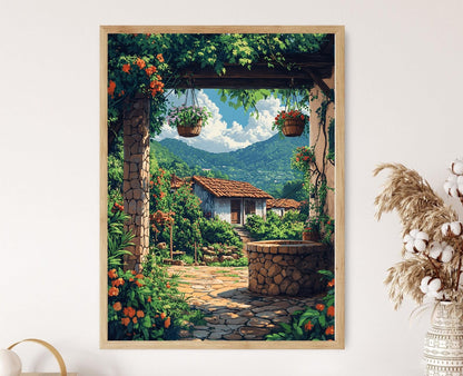 Affiche Puit en Pierre du Honduras – Poster Art Floral Rustique