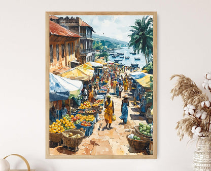 Affiche Marché de Douala – Illustration Fruits Tropicaux et Tissus
