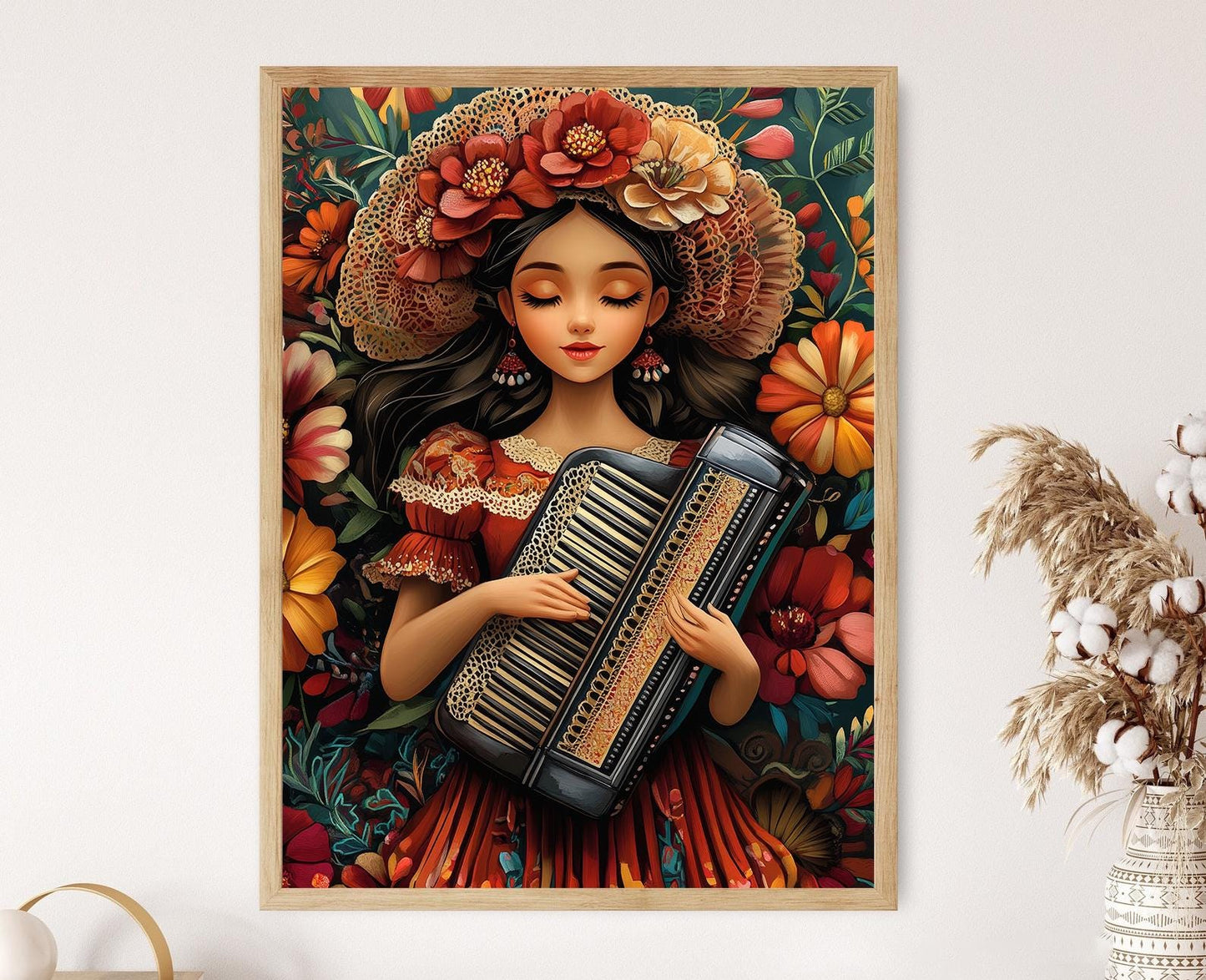 Affiche Musique Hondurienne – Poster Décor Floral avec Accordéon