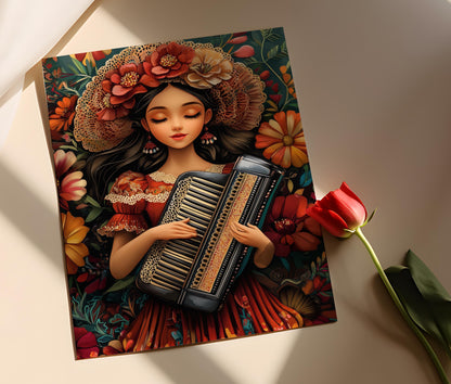 Affiche Musique Hondurienne – Poster Décor Floral avec Accordéon