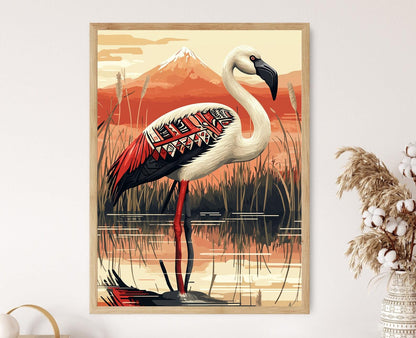 Affiche Flamant Rose Chilien – Impression Art avec Motifs Mapuche