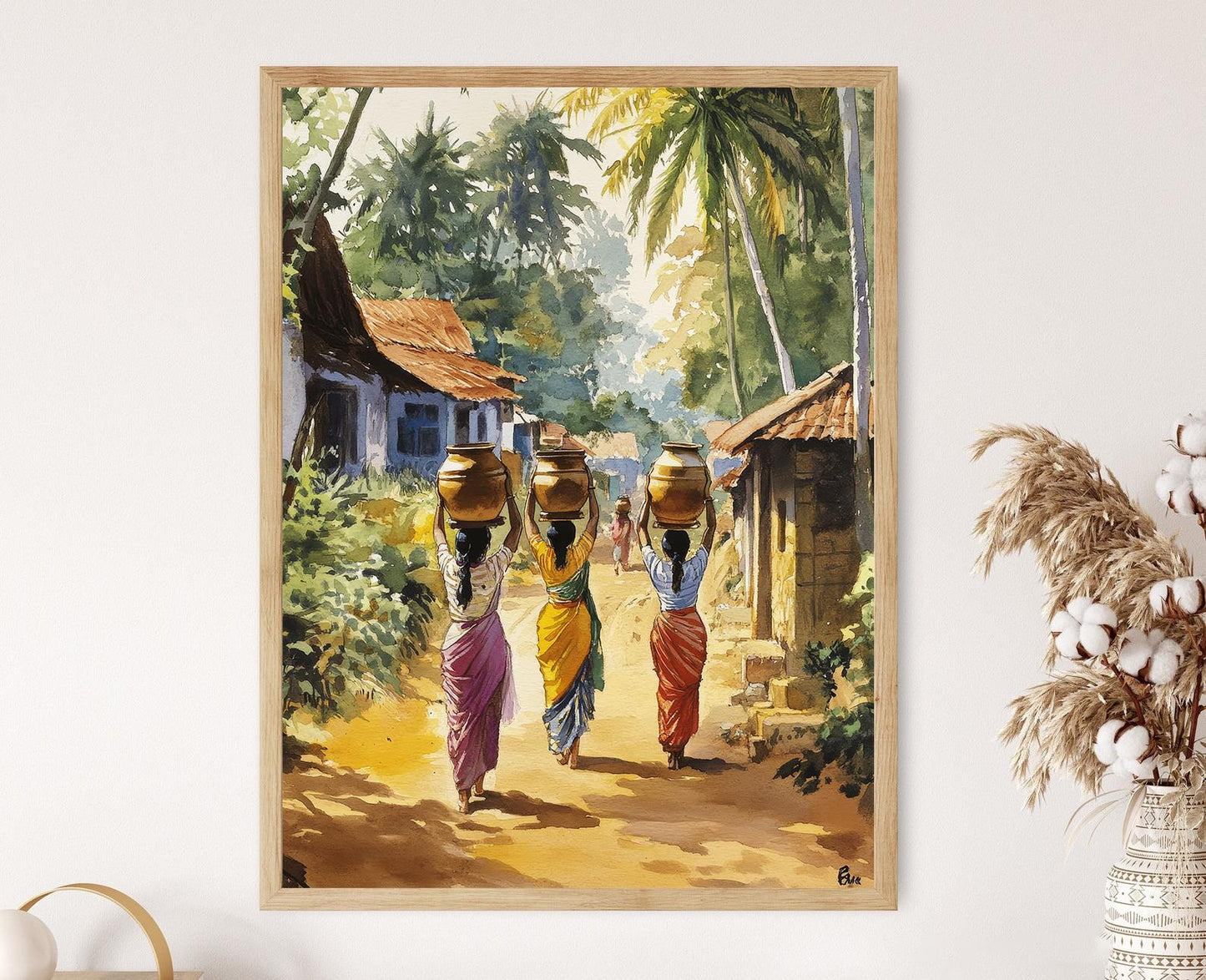 Affiche Art de Village du Tamil Nadu – Chariots à Bœufs & Palmiers