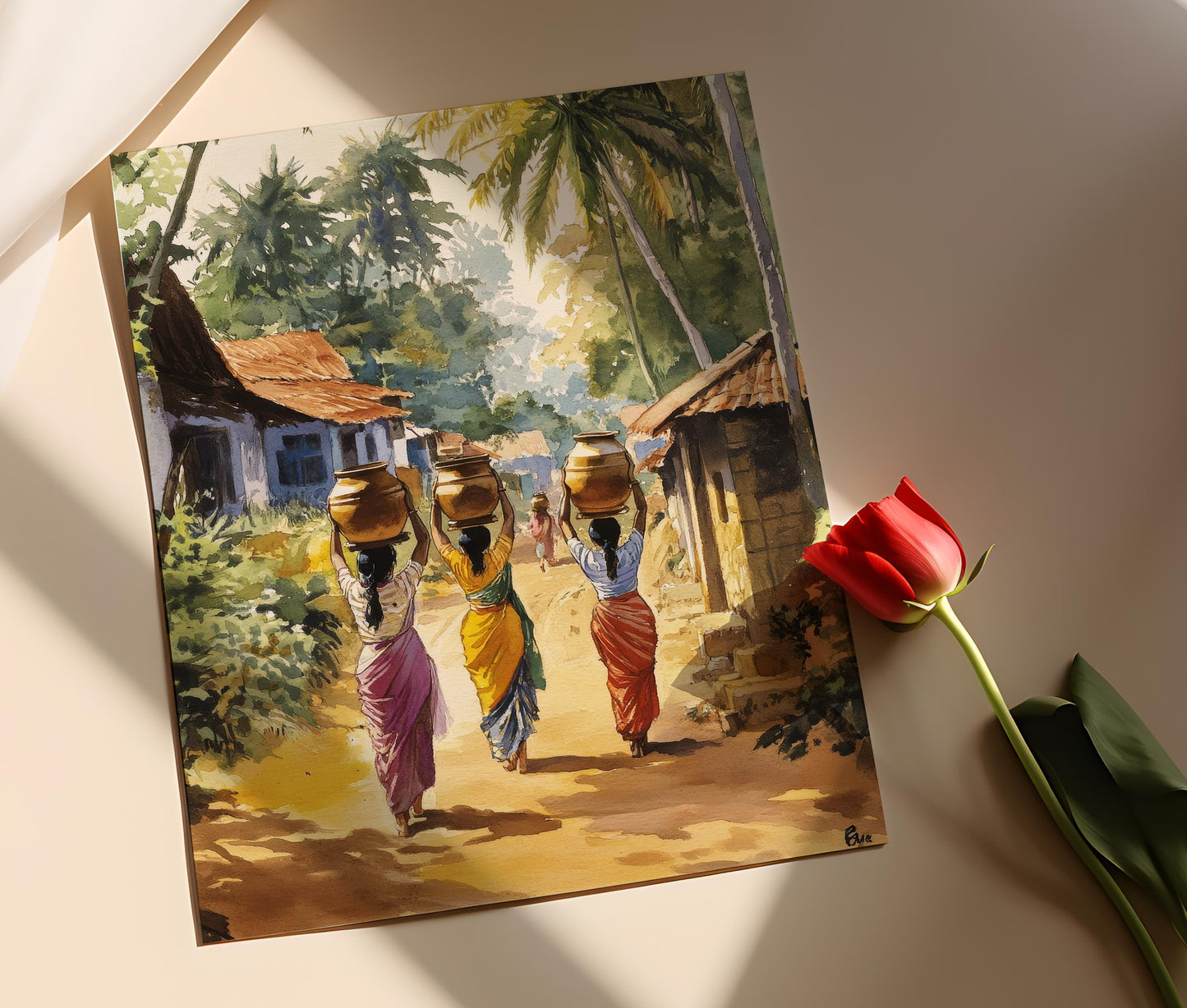 Affiche Art de Village du Tamil Nadu – Chariots à Bœufs & Palmiers