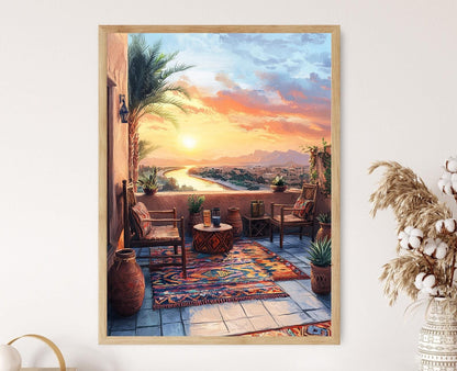 Affiche Art de Patio Soudanais – Poster Illustration du Couché de Soleil sur le Nil