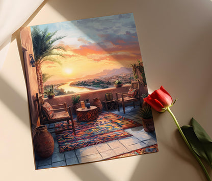 Affiche Art de Patio Soudanais – Poster Illustration du Couché de Soleil sur le Nil