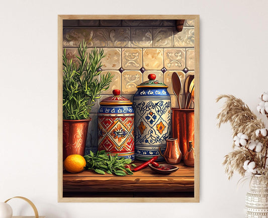 Affiche de Pots à Épices en Céramique Azerbaïdjanaise – Décor de Cuisine Kilim