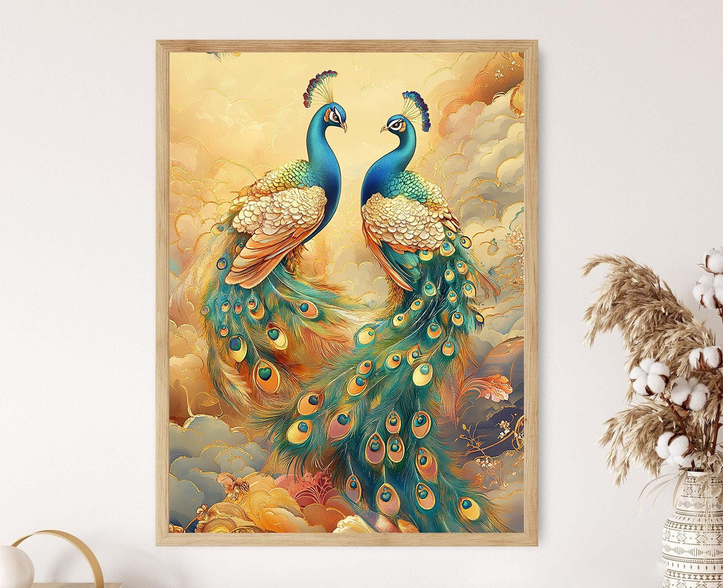 Affiche Paon Élégant – Illustration Dorée et Bleue, Décor Mural Majestueux