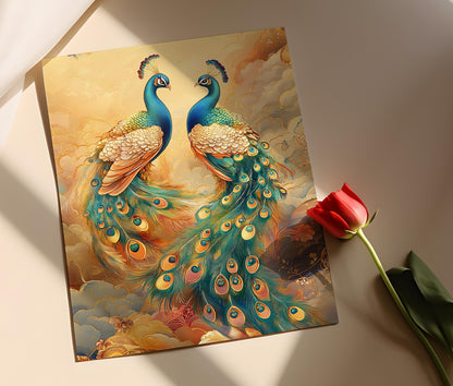 Affiche Paon Élégant – Illustration Dorée et Bleue, Décor Mural Majestueux