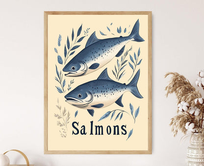 Affiche Vintage de Saumon – Illustration Nautique Bleue pour Cuisine Coastal