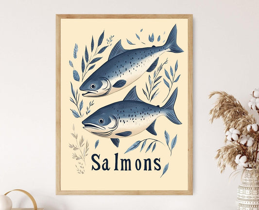 Affiche Vintage de Saumon – Illustration Nautique Bleue pour Cuisine Coastal